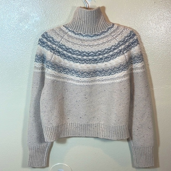 Vince Fair Isle Cropped Wool Cashmere Turtleneck Sweater In Oatmeal size Medium - Picture 7 of 12